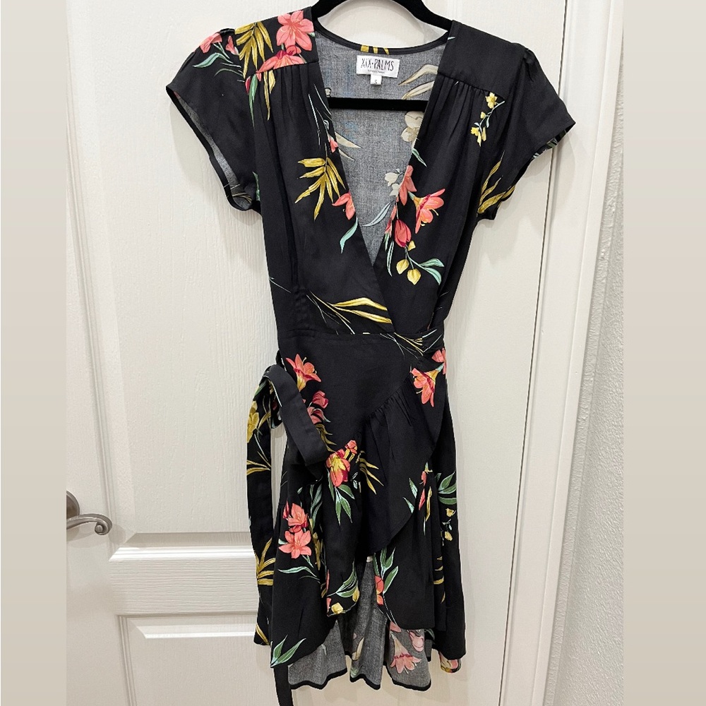 Black and floral mini wrap dress